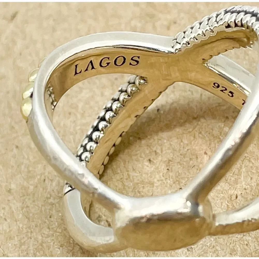 LAGOS KSL Two-Tone X Beaded Ring Sterling Silver & 18K Yellow Gold Size 7
